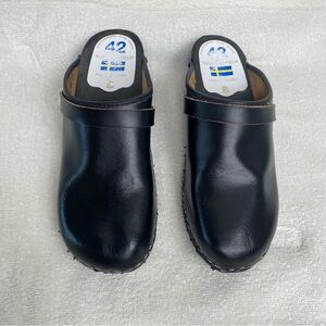 Torpatoffeln Sweden Women's Black Leather Wooden Clogs Size 42 EU - US 11 / 11.5